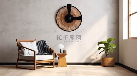现代室内 3D 渲染海报框和木椅，在白色墙壁上配有风扇