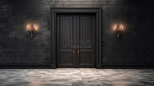 黑色木门与黑色石地板和墙壁的 3D 渲染