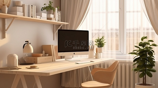 家庭办公背景图片_时尚舒适的最小家庭办公空间，配有 3D 渲染计算机模型
