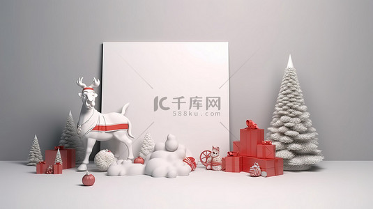 红色圣诞雪花背景背景图片_装饰着圣诞老人和圣诞装饰品的空白画布的节日 3D 渲染