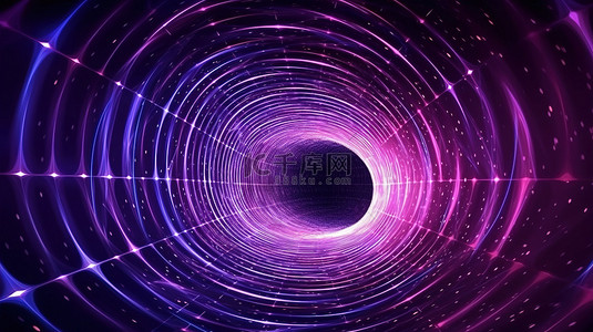 大紫色背景背景图片_深波浪虫洞中未来派粒子流的 3D 渲染，带有紫色背景上的抽象动态线框隧道