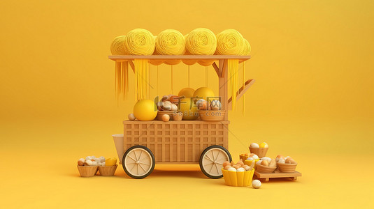 木制亚洲街头食品车的 3D 渲染，在充满活力的黄色背景上提供肉丸面条和椅子