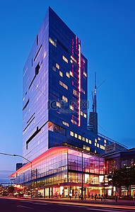 一栋蓝色的大建筑，上面挂着“oesterreich 中央办公室商务中心”的牌子