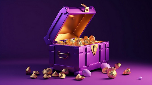 紫色背景上金色宝箱图标的可爱且最小的 3D 渲染完美地描绘了卡通中的开放金库概念
