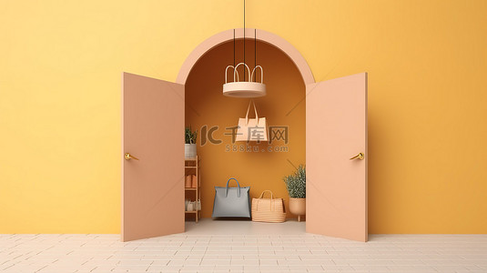 奶茶店门口背景图片_开放标志和购物袋的 3D 插图，与带有复制空间的简约概念店门相对