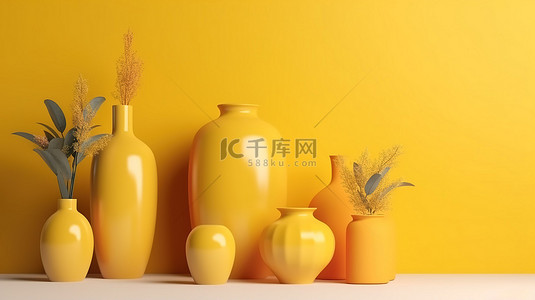 充满活力的极简主义陶瓷 3D 渲染花瓶和花盆在阳光明媚的黄色背景下，有空间复制家居装饰插图