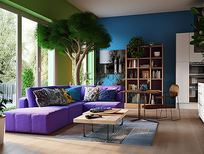 以蓝色和紫色装饰的客厅