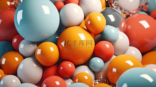 简约的现代背景设计，具有抽象球形状的多彩球体，具有冷主题的 3D 渲染