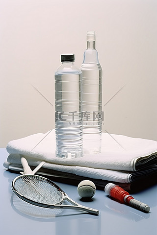 羽毛球背景图片_羽毛球饮料瓶毛巾和白盘上的棍子