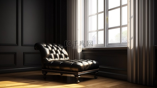 翻毛皮革背景图片_酒店卧室窗户旁的黑色皮革软垫扶手椅 3D 渲染和插图