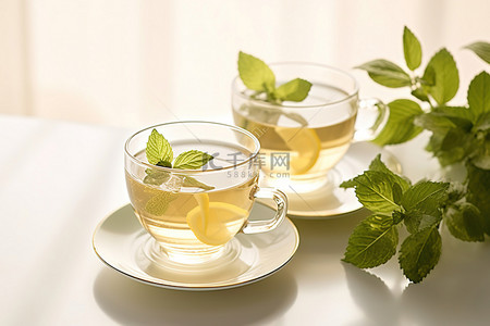 温暖治愈爱心背景图片_两杯茶，上面放一株薄荷植物