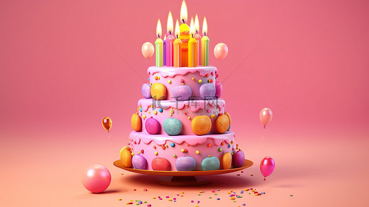 卡通粉红背景图片_粉红色背景生日蛋糕的 3D 渲染，配有分层卡通甜点和蜡烛