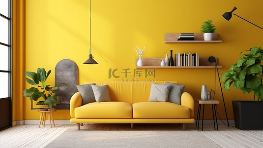 时尚的起居空间配有充满活力的黄色沙发和 3D 设计的壁挂式餐具柜