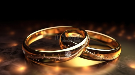 订婚快乐背景图片_概念性金色结婚戒指的 3D 渲染