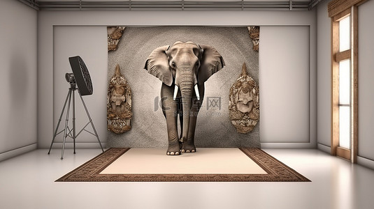 会议背景墙背景图片_令人惊叹的 3D 渲染摄影工作室与大象