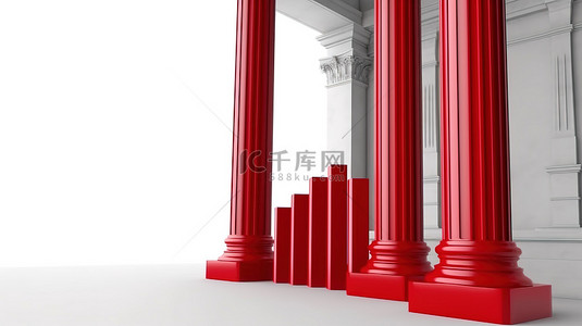 白色背景上传统柱子上方翱翔的红色进度箭头的 3D 渲染