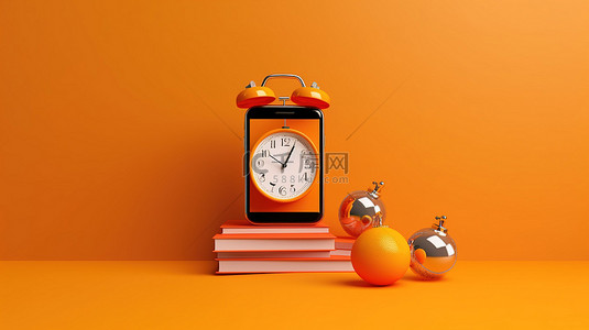 数字时代的电子学习闹钟和移动设备的 3D 渲染靠在橙色墙上，配有在线教育文本和书籍