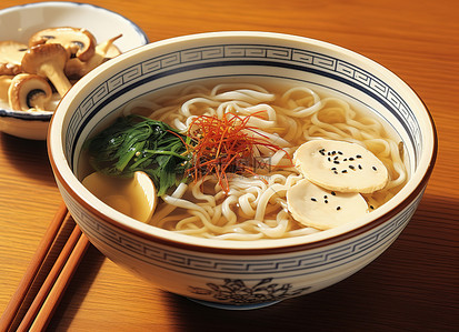 新年韩国背景图片_一碗韩国面条汤，里面有面条和蘑菇