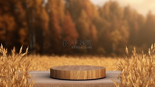 公司展示背景图片_干草中木质讲台的 3D 渲染非常适合秋季产品展示