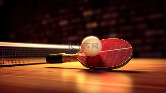 游戏桌子背景图片_桌子海报二上乒乓球或乒乓球球拍球和网的 3D 插图