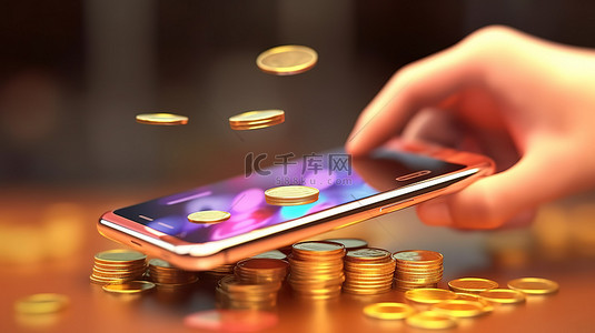 商业和技术的交叉点 3D 卡通手拿着智能手机和触摸屏，上面有钱币