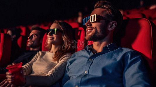 迷人的年轻夫妇沉浸在 3D 电影体验中