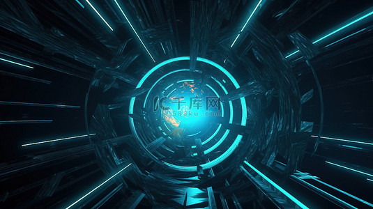 4k 超高清 3D 插图背景蓝色霓虹星超空间隧道