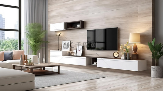 现代客厅以 3D 方式呈现，配有时尚的智能电视别致的橱柜和时尚的装饰