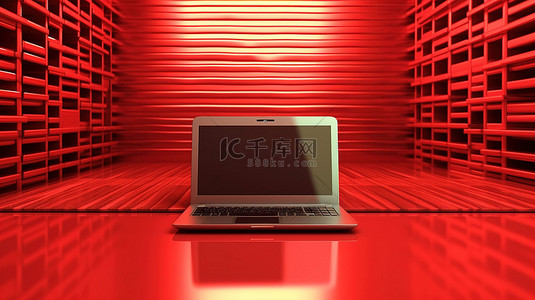 办公桌电脑场景背景图片_带有笔记本电脑的红色办公室场景的 3D 插图
