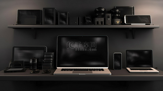 时尚的科技设备显示在黑色架子上，背景为 3D 渲染的横幅