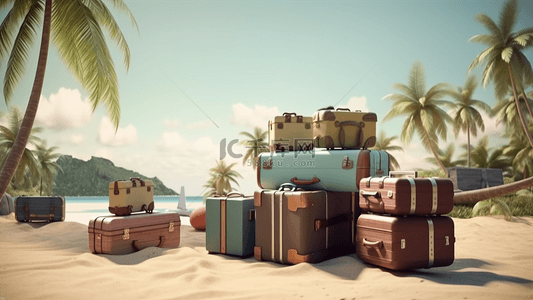 海边沙滩旅行箱椰子树假日旅行广告背景