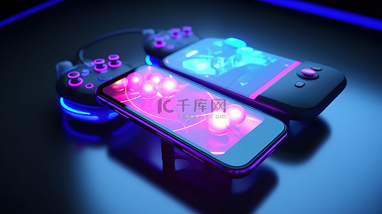 程序小背景图片_未来技术闪亮智能手机屏幕，带 3D 浮动游戏双操纵杆，用于手机游戏