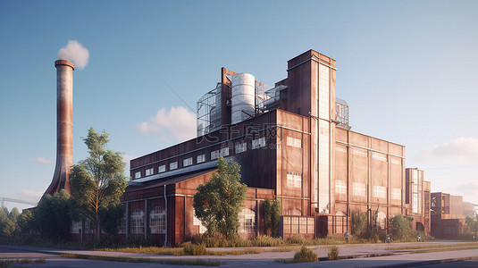 渲染植物背景图片_3D 渲染中的烟囱排放工厂外部模型