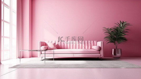 平面客厅背景图片_具有粉红色单色平面内饰的当代客厅的 3D 渲染