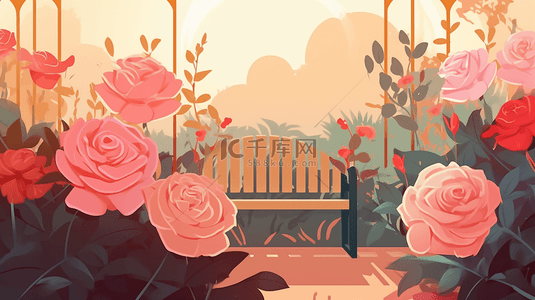 玫瑰花园躺椅植物花卉装饰图案背景