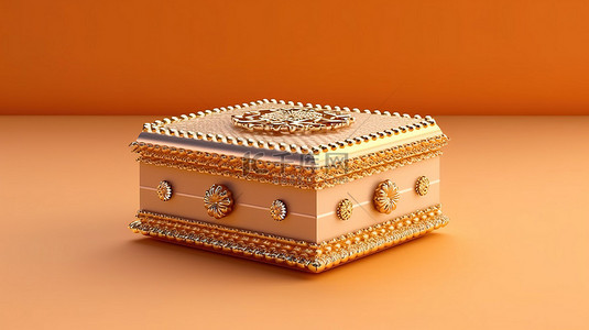 米色和金色背景的 3D 渲染配饰精美宝箱