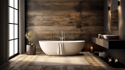 优雅浴室的 3D 渲染，配有浴缸，靠在石墙边桌和木面板上