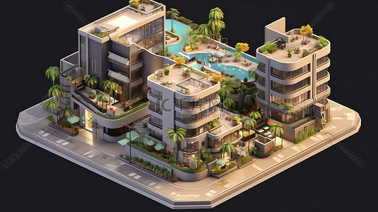 岛上的等距城市公寓 3D 渲染