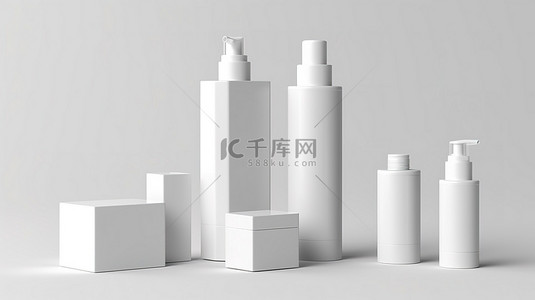 白色化妆品瓶子背景图片_在白色背景上隔离的白色化妆品包装模板的 3d 插图