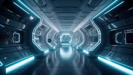 未来派宇宙飞船内部 3D 渲染设计