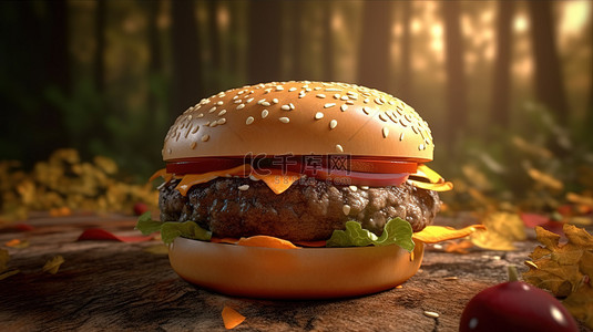 汉堡在彩色背景说明性设计上的 3D 渲染