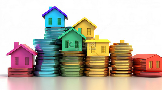 购房背景图片_3D 渲染图标描绘了用钱堆购房的概念
