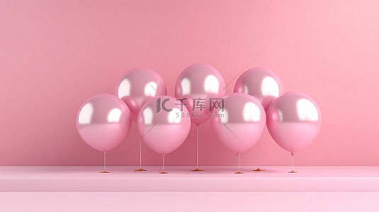 彩色时尚几何背景图片_柔和的粉红色背景下彩色气球的 3D 渲染插图