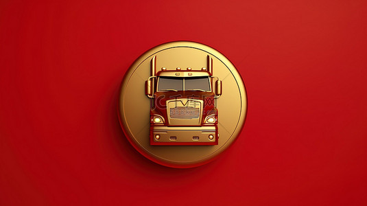红色哑光金板上的 3D 渲染金色卡车图标是卓越运输的象征