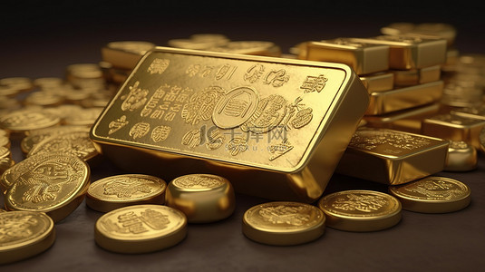 黄金金条背景图片_背景上金币和中国金条锭的 3D 插图