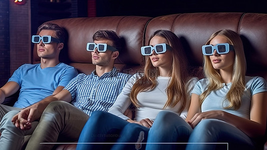朋友背景图片_五个戴着 3D 眼镜的快乐朋友在家里的沙发上享受电影之夜