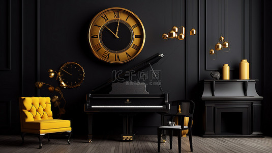 钢琴优雅背景图片_优雅的单色设置，配有黄色大钢琴复古时钟和框架，用于模型 3D 插图