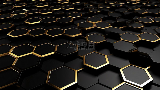 黑色星期五主题六边形壁纸金色和黑色的 3D 渲染