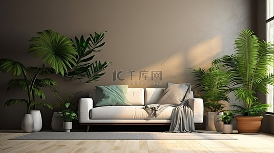 3D 渲染别致的客厅，配有时尚的沙发椅咖啡桌和郁郁葱葱的绿色植物