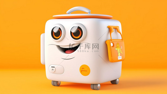 当代洗衣机吉祥物的 3D 渲染，在充满活力的黄色背景上配有橙色旅行行李箱